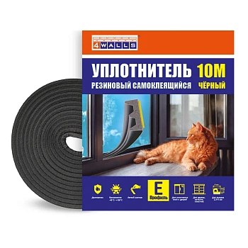 Уплотнитель резиновый E-профиль, 6 м, черный, 4Walls 