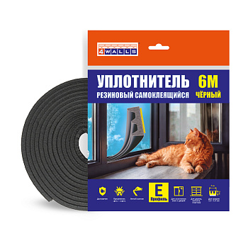 Уплотнитель резиновый E-профиль, 4*9 мм, 6 м, черный, 4Walls 