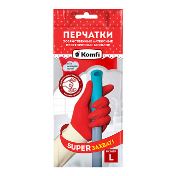 Перчатки латексные СВЕРХПРОЧНЫЕ БИКОЛОР, L, белый + красный, 2 шт/уп., Komfi